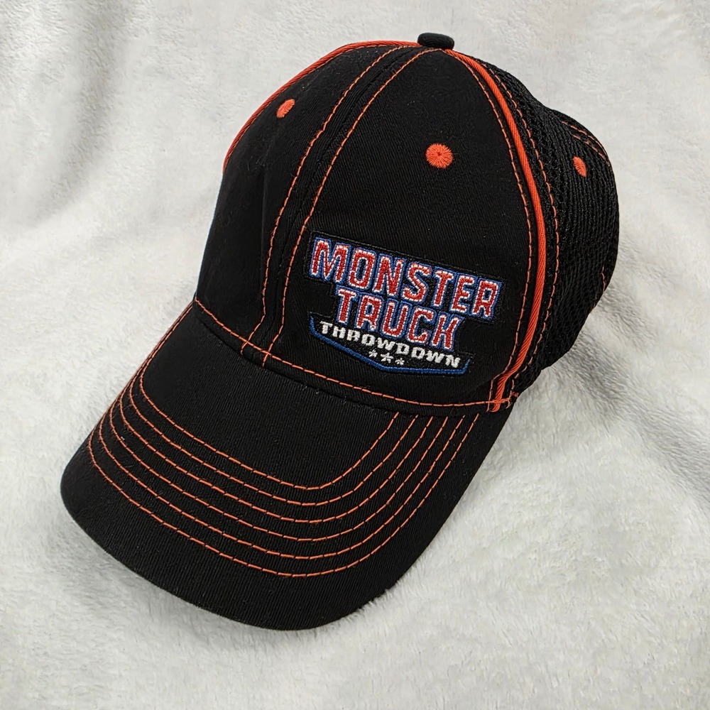 Monster Truck Throwdown Hat Cap Adult SnapBack Black Orange Mesh Trucker Logo